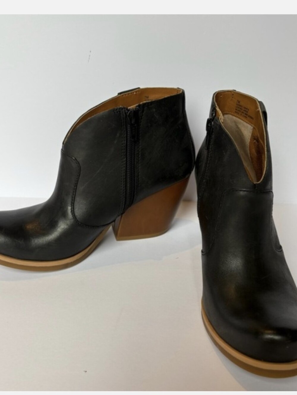Kork-Ease Black Leather Ankle Booties with Tan Stacked Heel